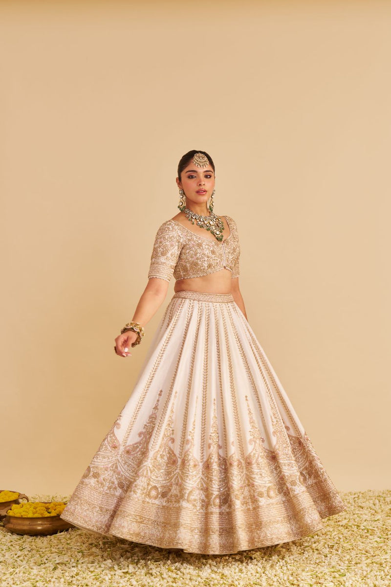 Farah - Dabka Zardozi Embroidered Pure Silk Daisy Ivory Lehenga Set silk by SHEETAL BATRA in blush color for women in Singapore