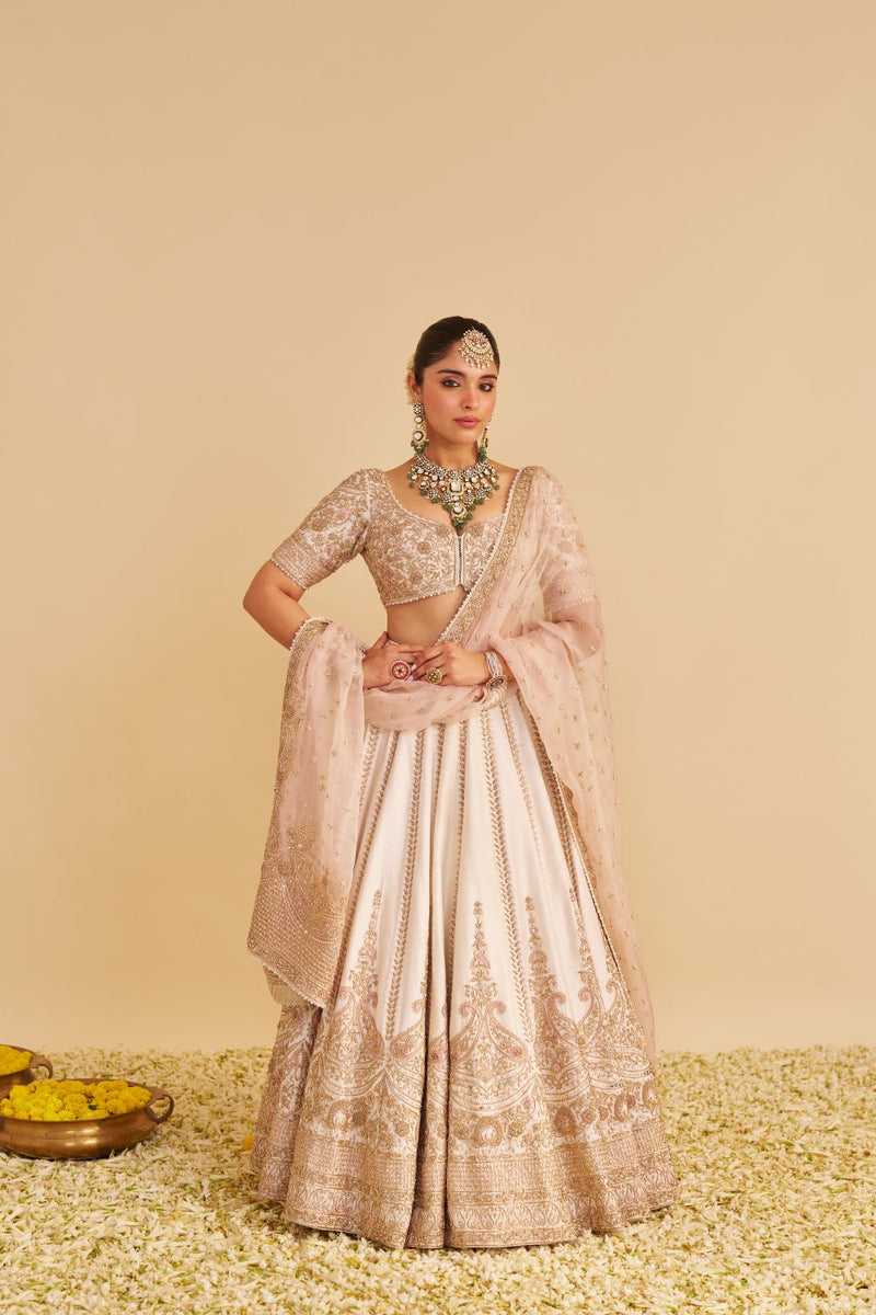 Farah - Dabka Zardozi Embroidered Pure Silk Daisy Ivory Lehenga Set silk by SHEETAL BATRA in blush color for women in Singapore