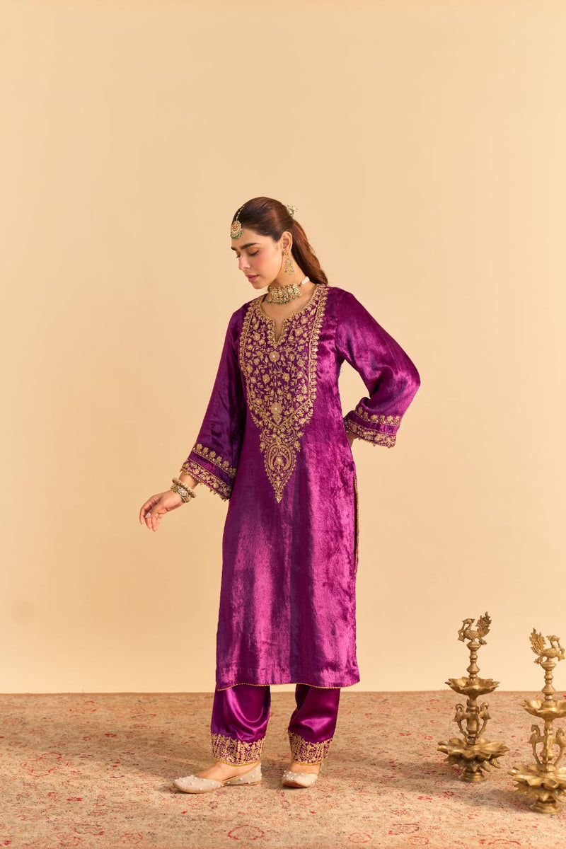 Fareeha - Deep Purple Kurta with Salwar and Dupatta silk by SHEETAL BATRA in purple color for women in Singapore
