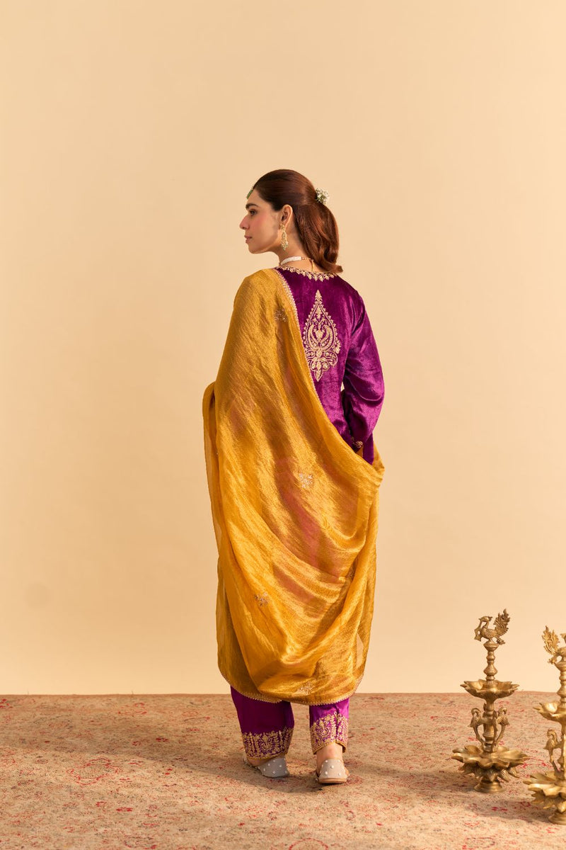 Fareeha - Deep Purple Kurta with Salwar and Dupatta silk by SHEETAL BATRA in purple color for women in Singapore