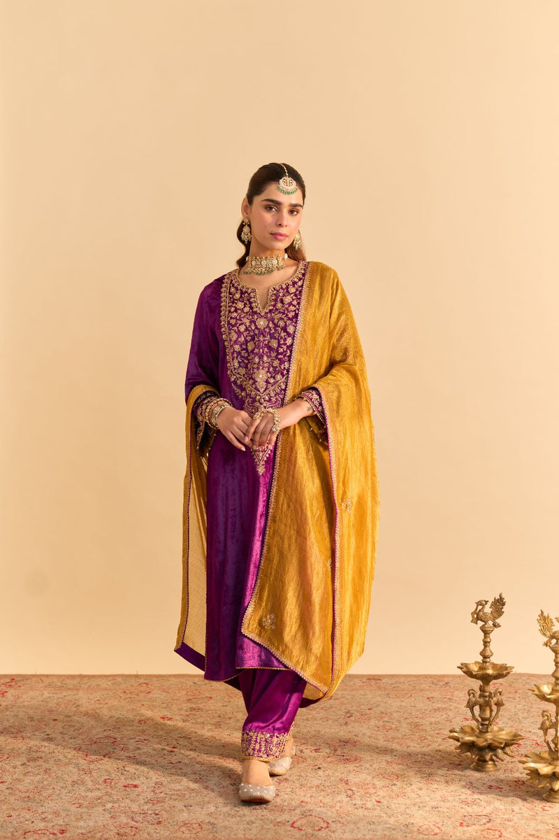 Fareeha - Deep Purple Kurta with Salwar and Dupatta silk by SHEETAL BATRA in purple color for women in Singapore
