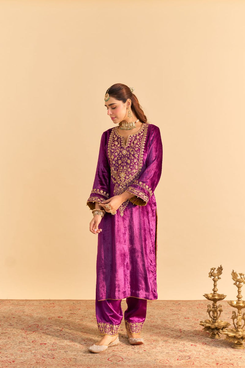 Fareeha - Deep Purple Kurta with Salwar and Dupatta silk by SHEETAL BATRA in purple color for women in Singapore