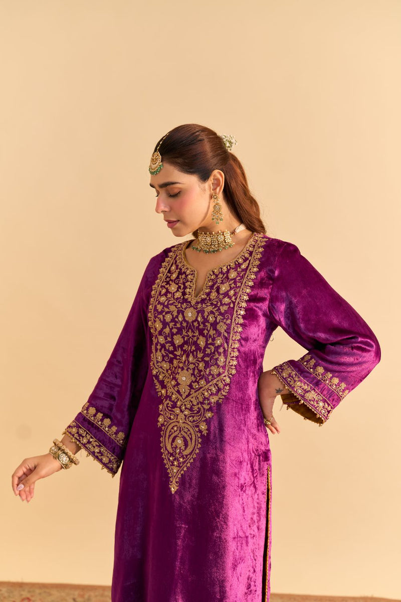 Fareeha - Deep Purple Kurta with Salwar and Dupatta silk by SHEETAL BATRA in purple color for women in Singapore