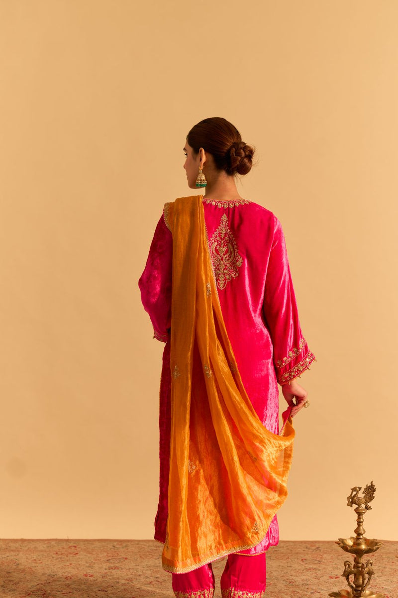Fareeha - Hotpink Kurta with Salwar and Dupatta silk by SHEETAL BATRA in pink color for women in Singapore