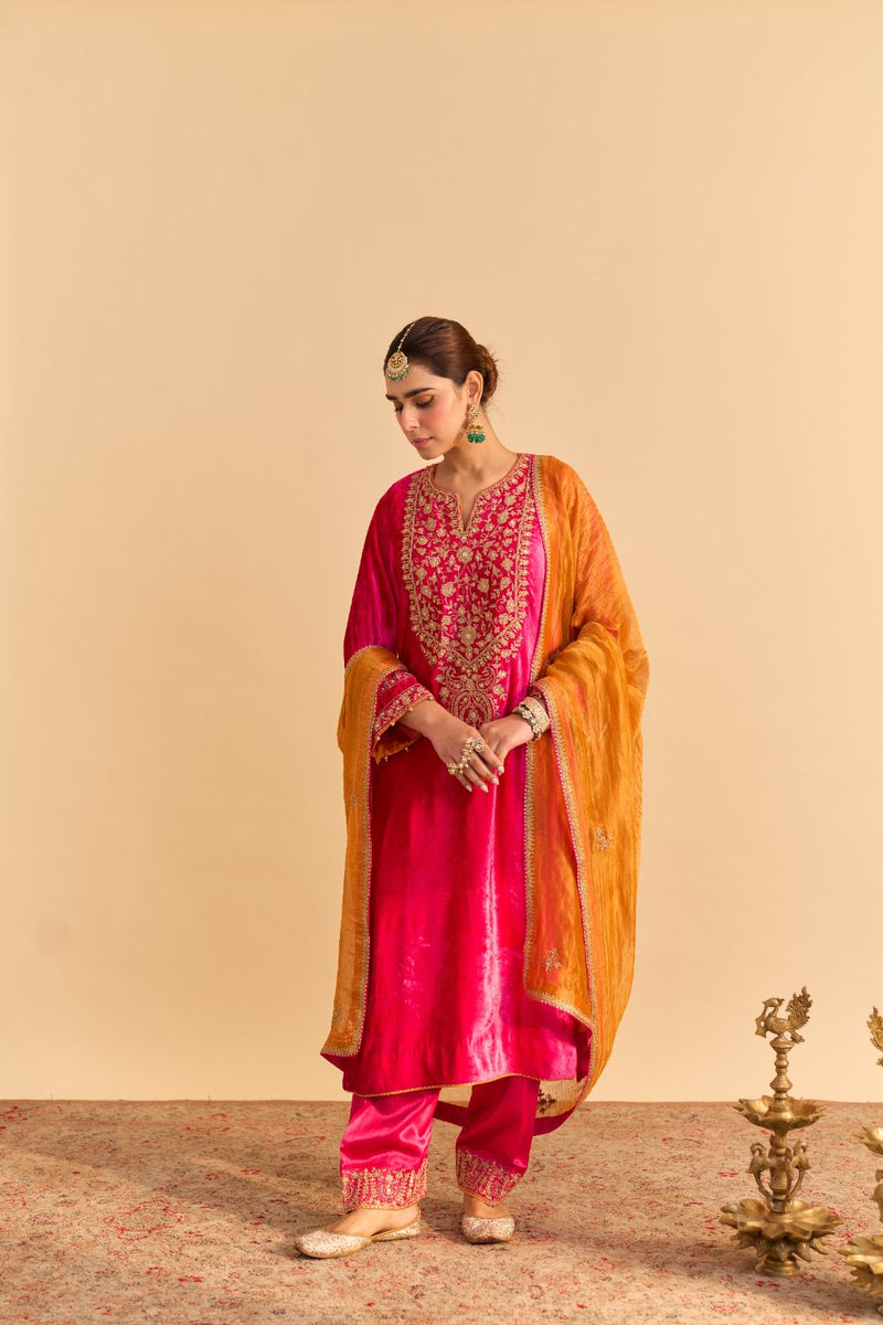 Fareeha - Hotpink Kurta with Salwar and Dupatta silk by SHEETAL BATRA in pink color for women in Singapore
