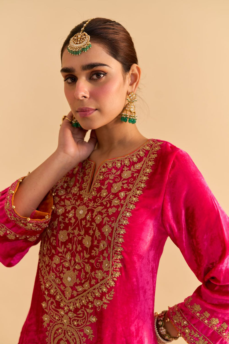 Fareeha - Hotpink Kurta with Salwar and Dupatta silk by SHEETAL BATRA in pink color for women in Singapore