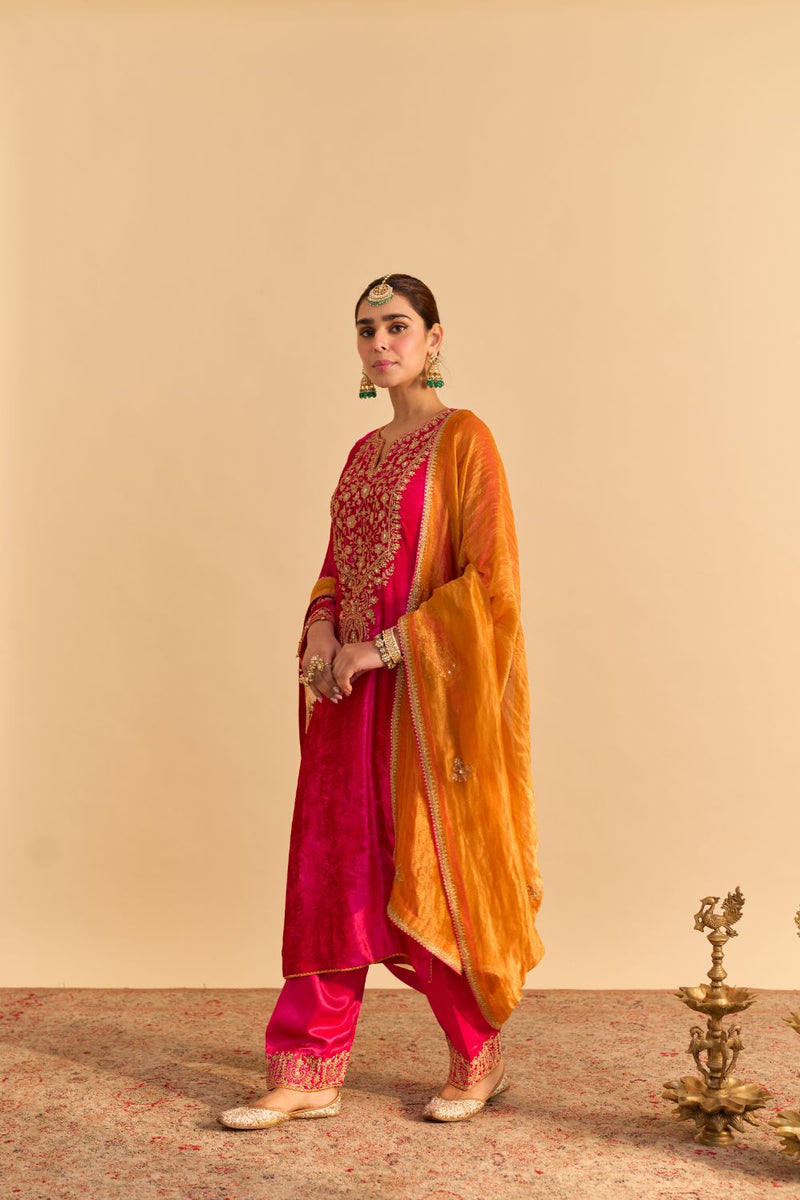 Fareeha - Hotpink Kurta with Salwar and Dupatta silk by SHEETAL BATRA in pink color for women in Singapore