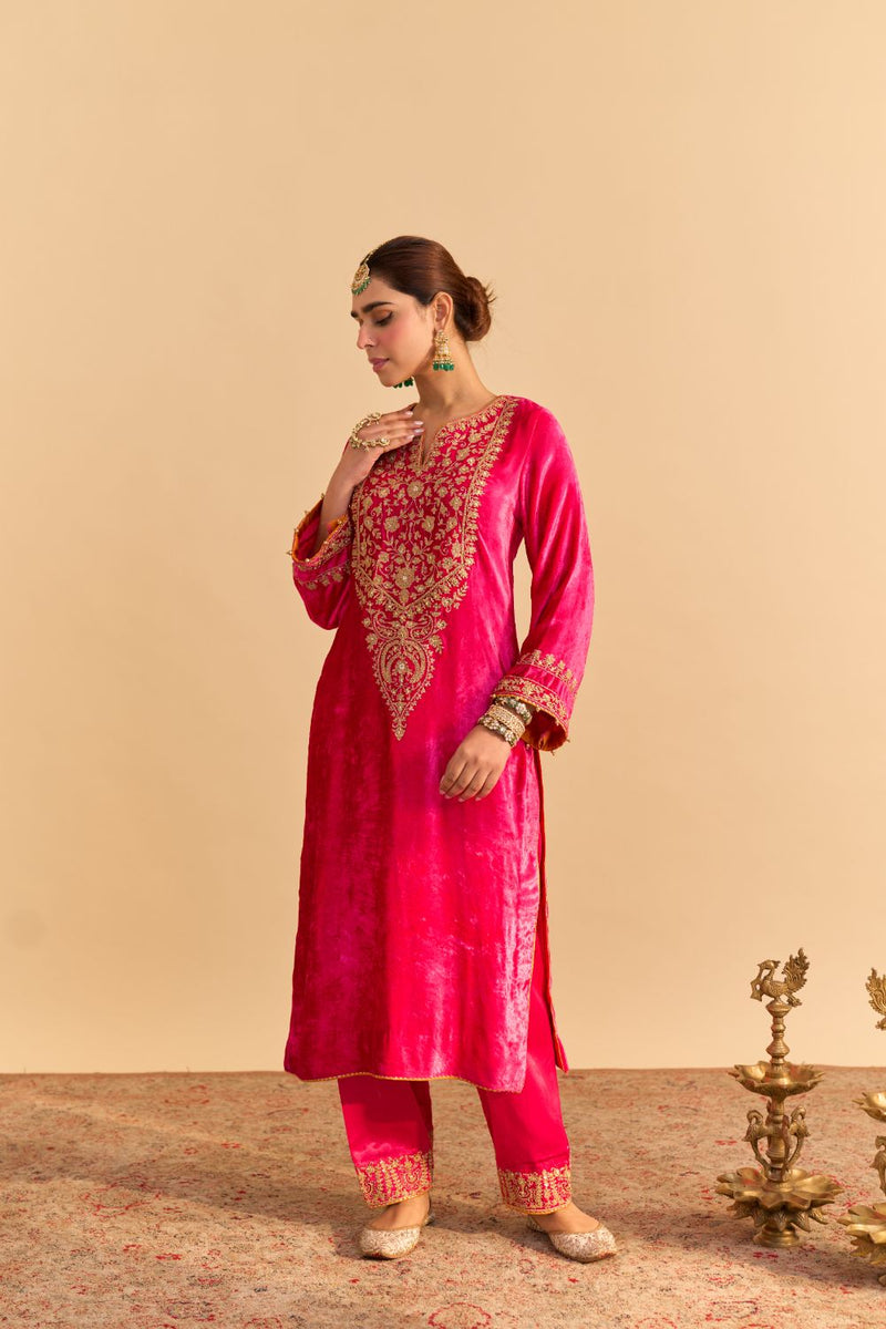 Fareeha - Hotpink Kurta with Salwar and Dupatta silk by SHEETAL BATRA in pink color for women in Singapore