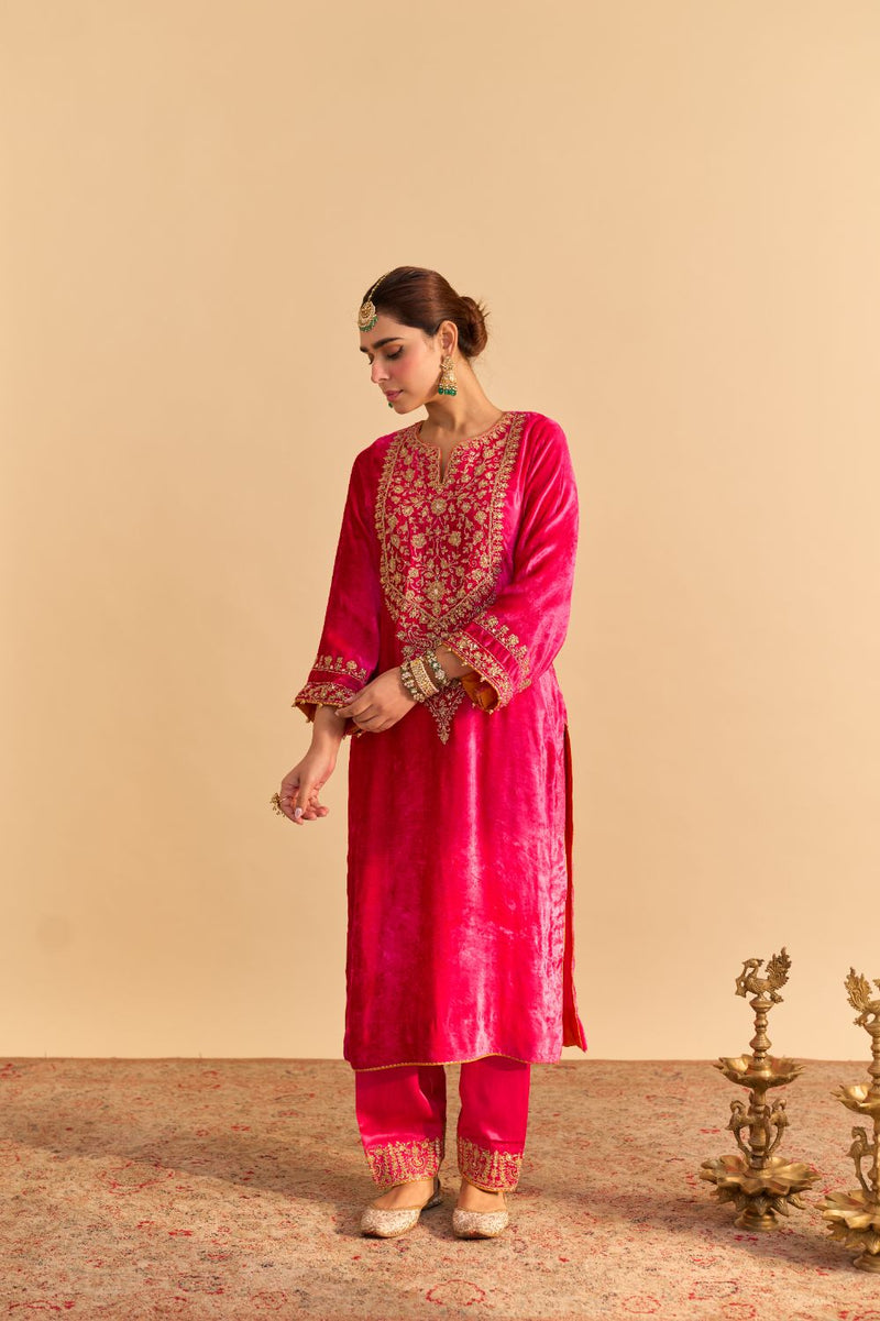 Fareeha - Hotpink Kurta with Salwar and Dupatta silk by SHEETAL BATRA in pink color for women in Singapore