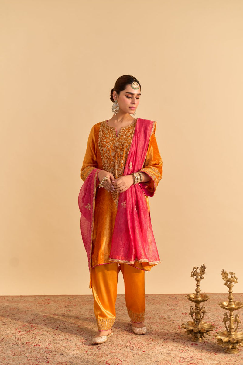 Fareeha - Orange Kurta with Salwar and Dupatta by SHEETAL BATRA for women in Singapore
