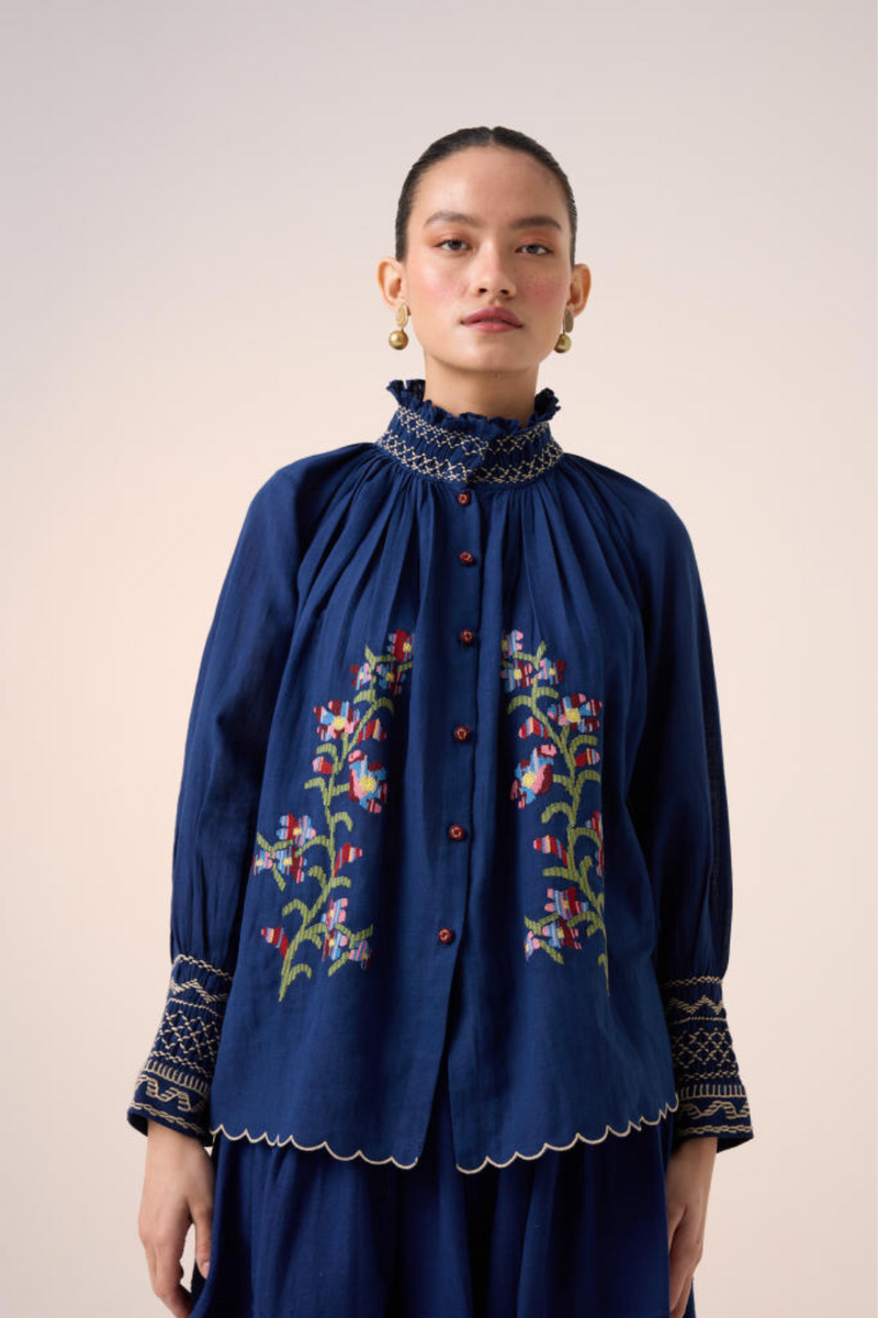 FARMER TOP -BLUE PIXEL EMBROIDERY cotton by CORD in multi for women in Singapore