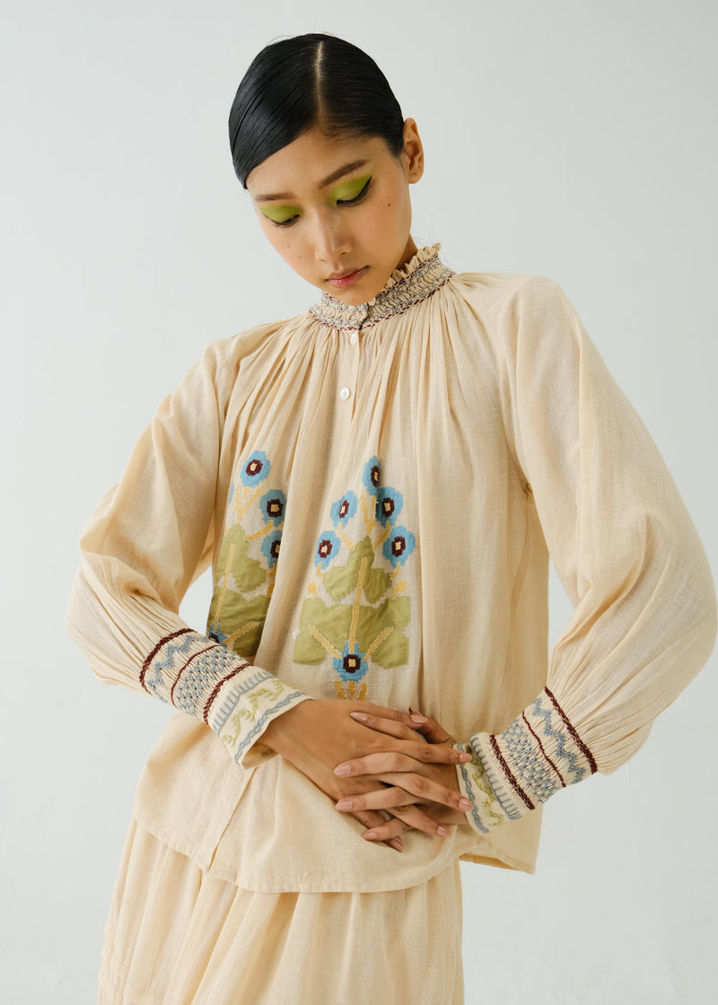 Farmer Top-Ivory Pixel Applique cotton by CORD for women in Singapore