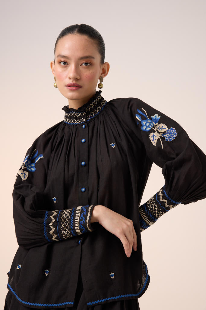 FARMER TOP -BLACK EMBROIDERY cotton by CORD in multi for women in Singapore