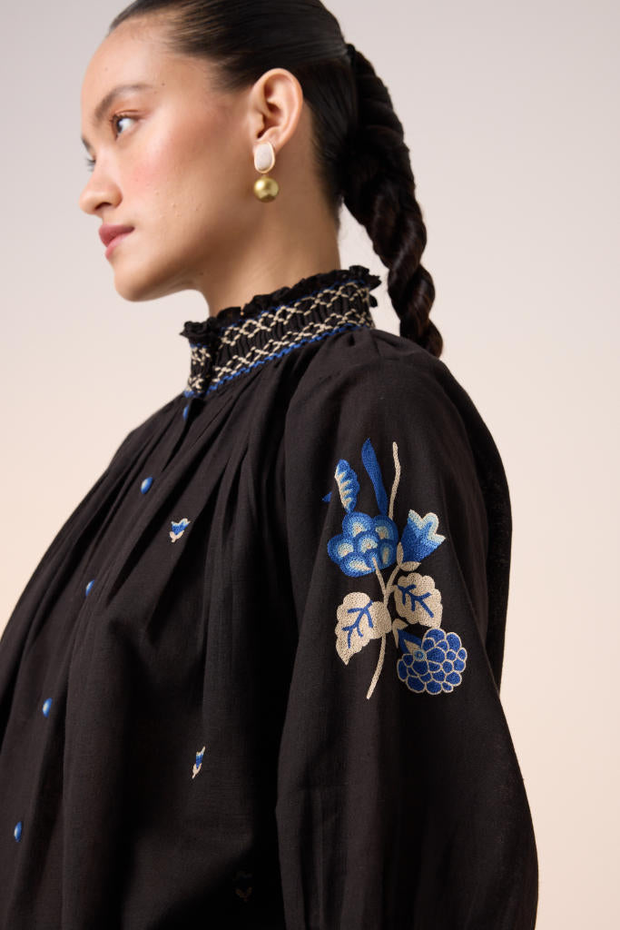 FARMER TOP -BLACK EMBROIDERY cotton by CORD in multi for women in Singapore