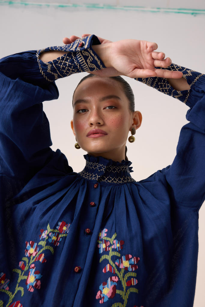 FARMER TOP -BLUE PIXEL EMBROIDERY cotton by CORD in multi for women in Singapore