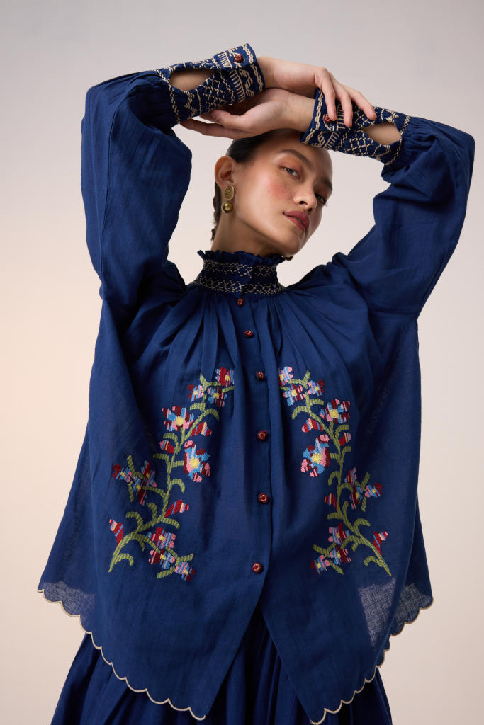 FARMER TOP -BLUE PIXEL EMBROIDERY cotton by CORD in multi for women in Singapore