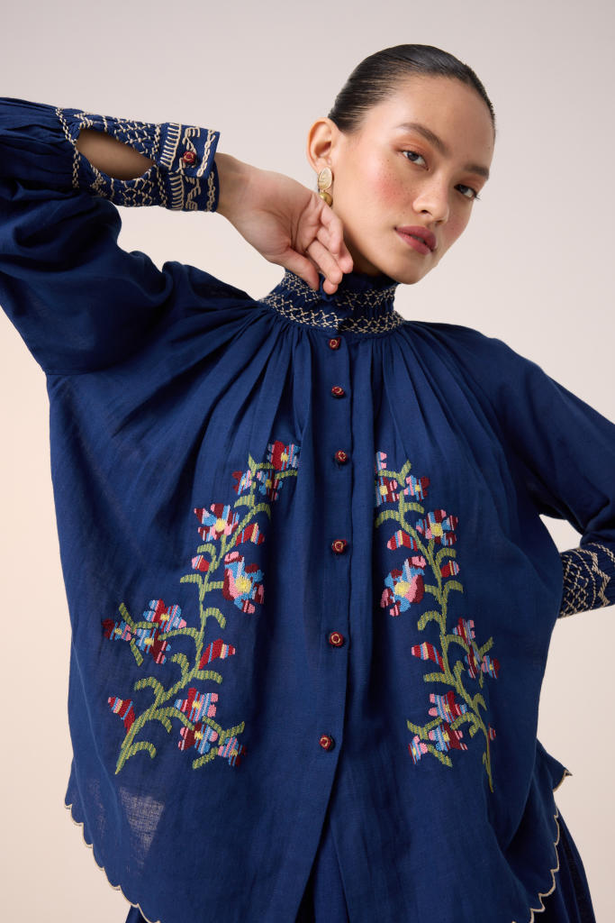 FARMER TOP -BLUE PIXEL EMBROIDERY cotton by CORD in multi for women in Singapore