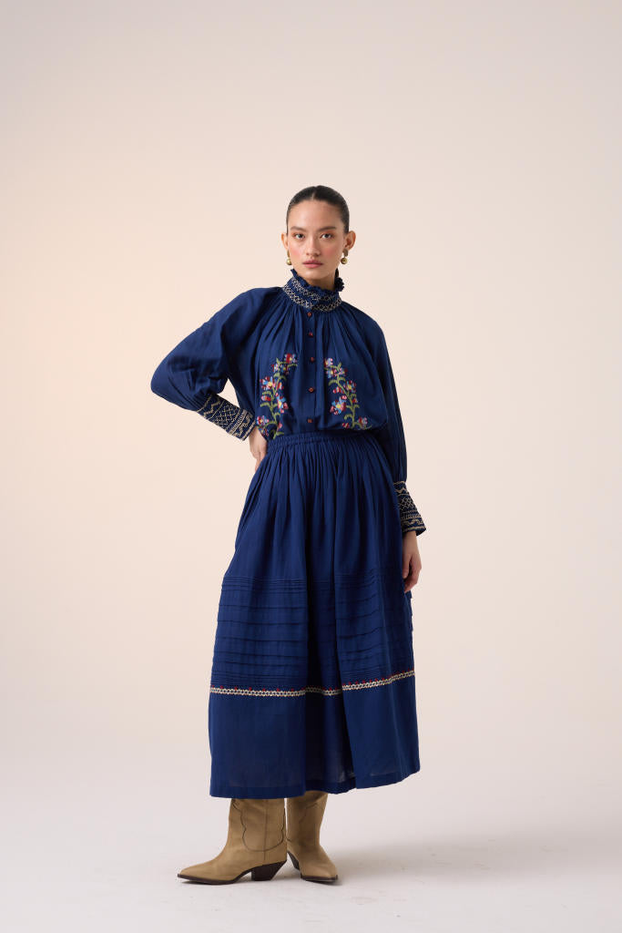 FARMER TOP -BLUE PIXEL EMBROIDERY cotton by CORD in multi for women in Singapore
