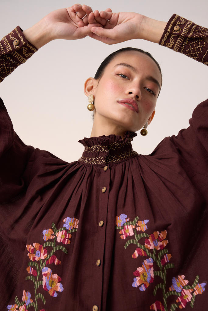 FARMER TOP -MAROON PIXEL EMBROIDERY cotton by CORD in multi for women in Singapore