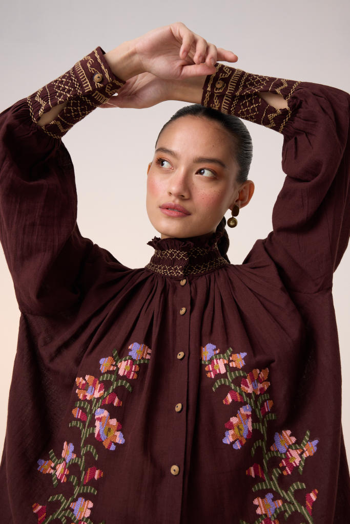 FARMER TOP -MAROON PIXEL EMBROIDERY cotton by CORD in multi for women in Singapore