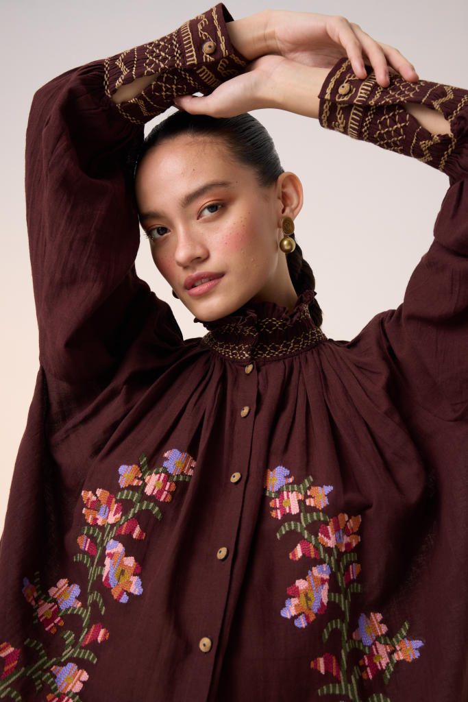 FARMER TOP -MAROON PIXEL EMBROIDERY cotton by CORD in multi for women in Singapore