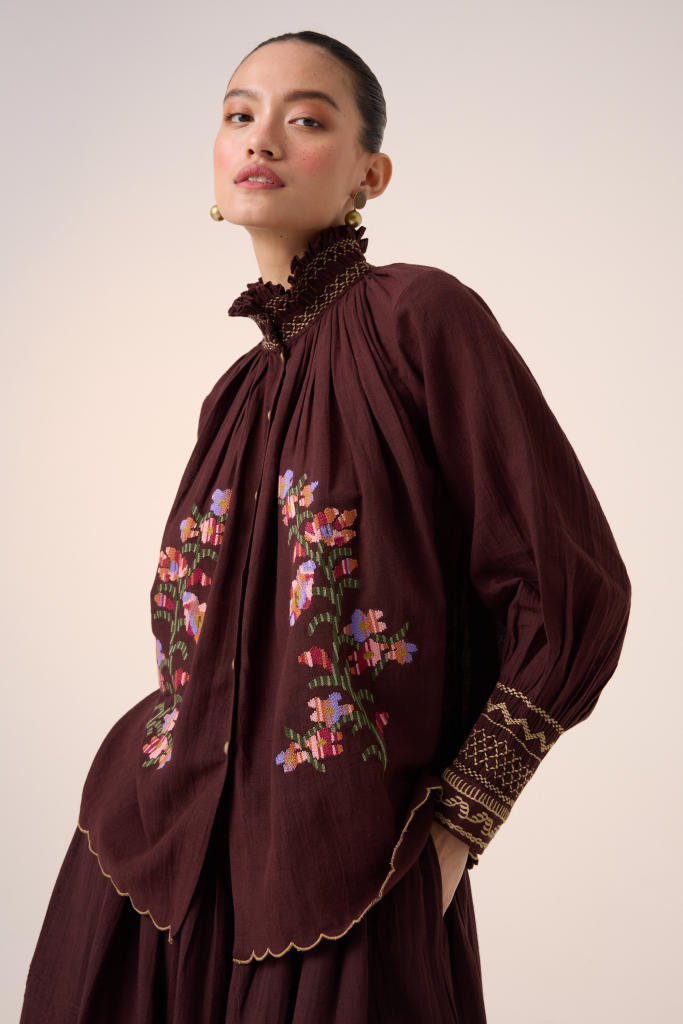 FARMER TOP -MAROON PIXEL EMBROIDERY cotton by CORD in multi for women in Singapore