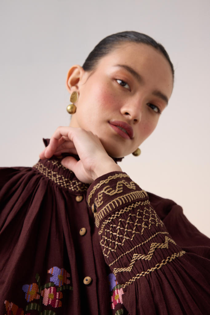 FARMER TOP -MAROON PIXEL EMBROIDERY cotton by CORD in multi for women in Singapore
