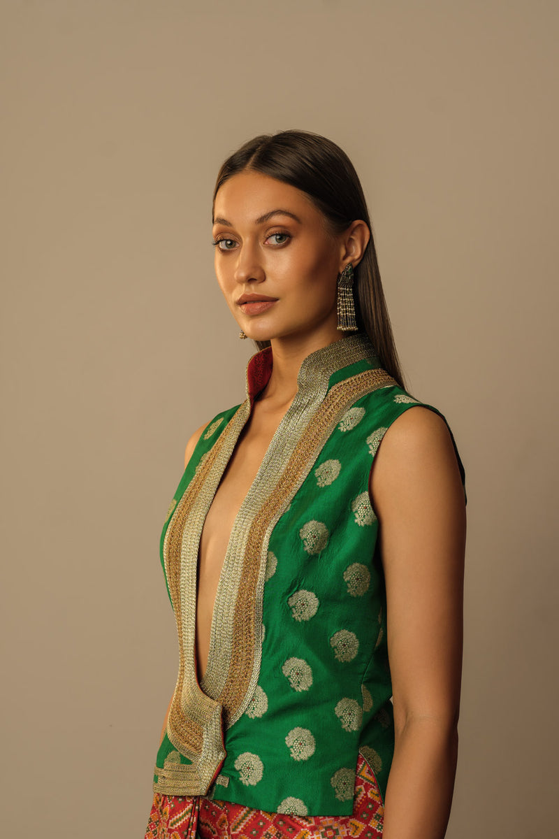 Fatuhi zari waistcoat blouse emerald green silk Buy Fatuhi zari waistcoat blouse emerald green from C&W | for Women by Mallika Mathur in green color for women in Singapore