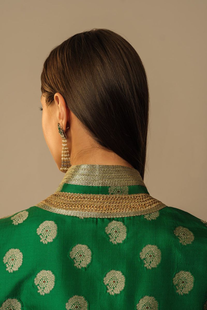 Fatuhi zari waistcoat blouse emerald green silk Buy Fatuhi zari waistcoat blouse emerald green from C&W | for Women by Mallika Mathur in green color for women in Singapore
