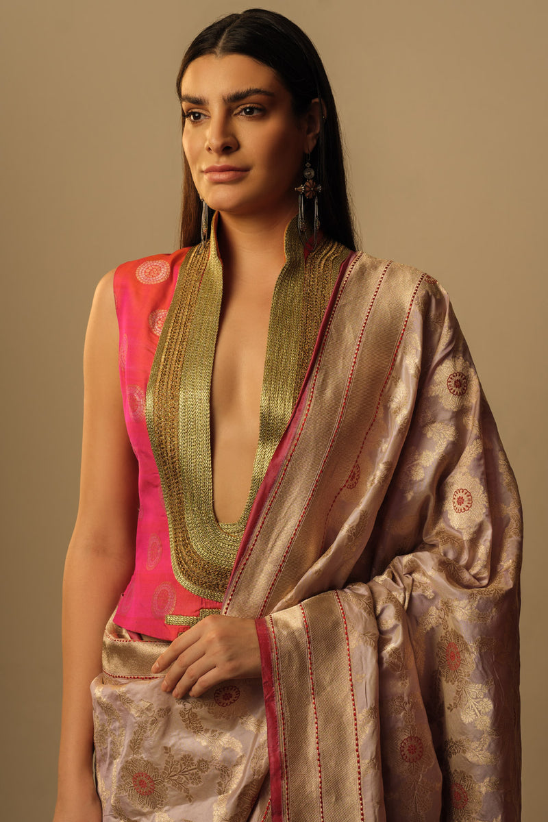 Fatuhi zari waistcoat blouse fuschia pink silk Buy Fatuhi zari waistcoat blouse fuschia pink from C&W | for Women by Mallika Mathur in pink color for women in Singapore
