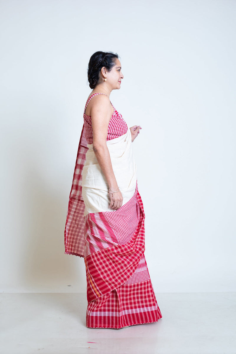The Festive Fiesta Saree cotton,gamcha saree by 145 East in white, red for women in Singapore