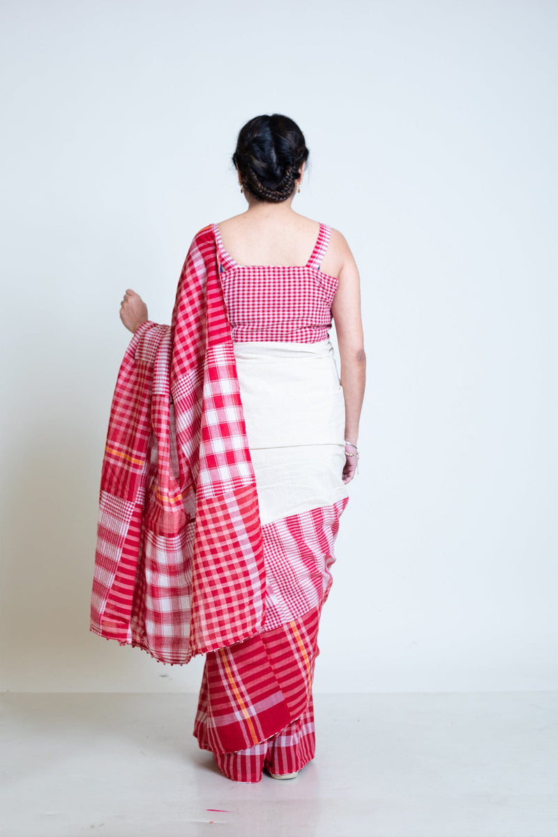 The Festive Fiesta Saree cotton,gamcha saree by 145 East in white, red for women in Singapore