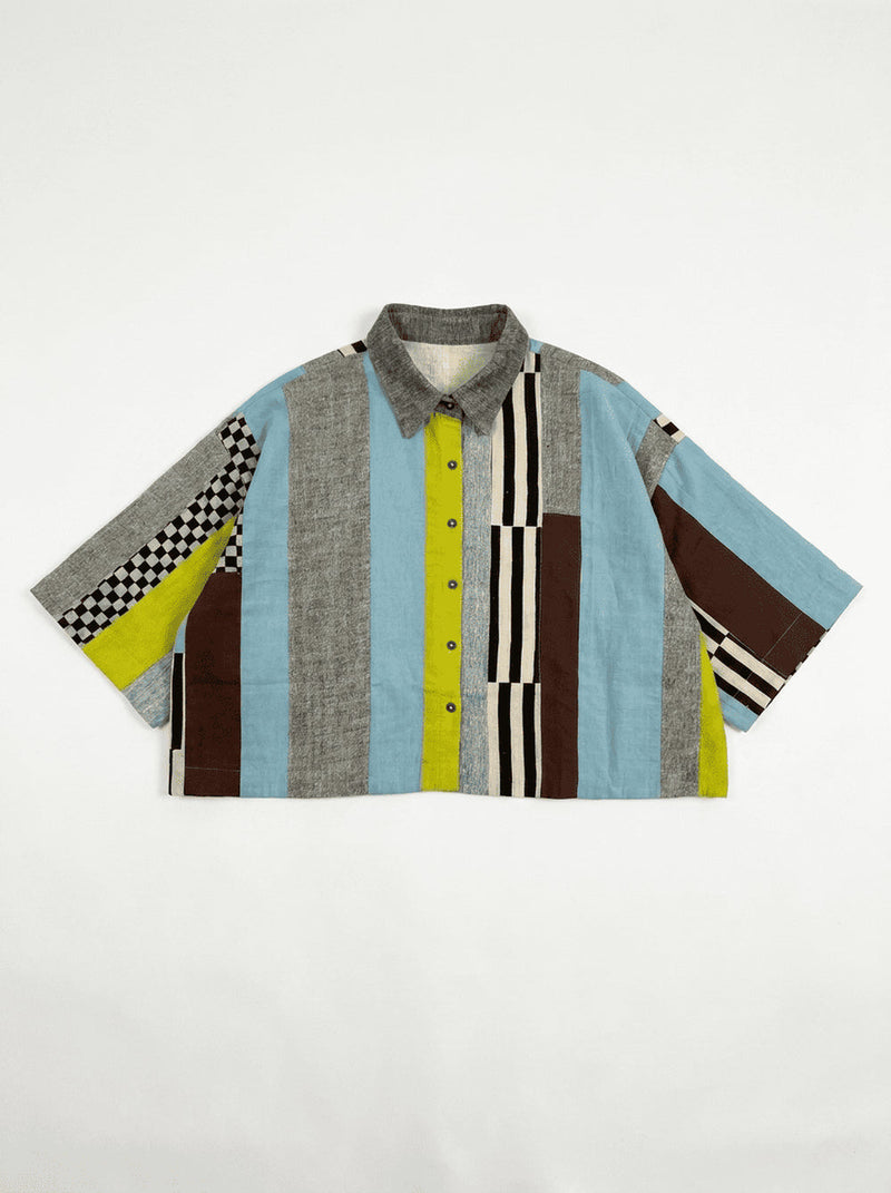 Fillmore Shirt-Light Blue Stripes 100% cotton and hand block printed cotton top/shirt by World of Crow in multi-color for women in Singapore