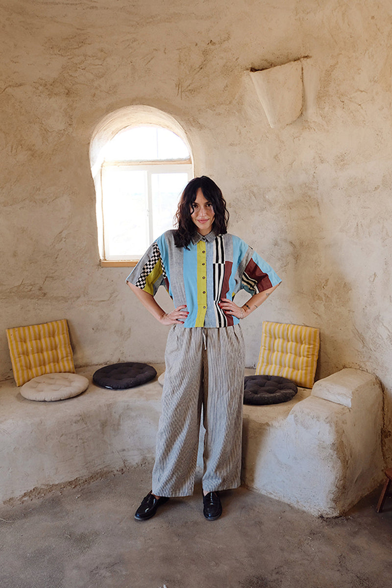 Fillmore Shirt-Light Blue Stripes 100% cotton and hand block printed cotton top/shirt by World of Crow in multi-color for women in Singapore