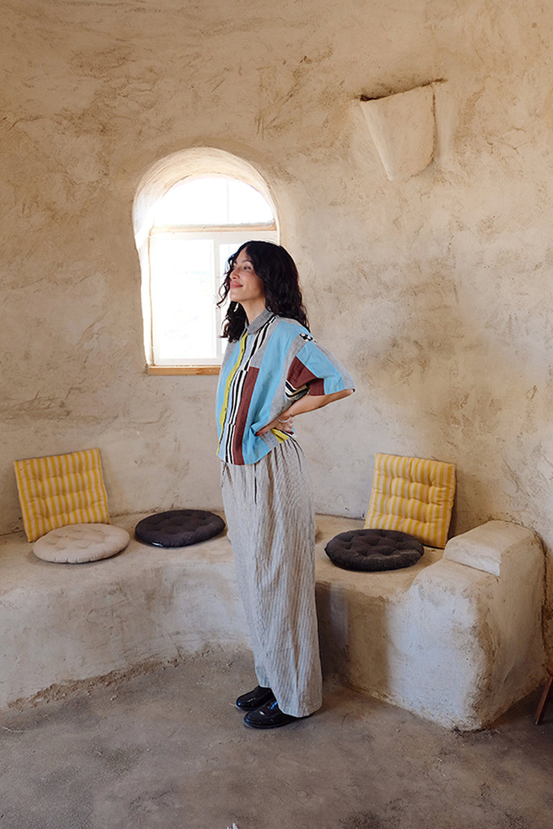 Fillmore Shirt-Light Blue Stripes 100% cotton and hand block printed cotton top/shirt by World of Crow in multi-color for women in Singapore