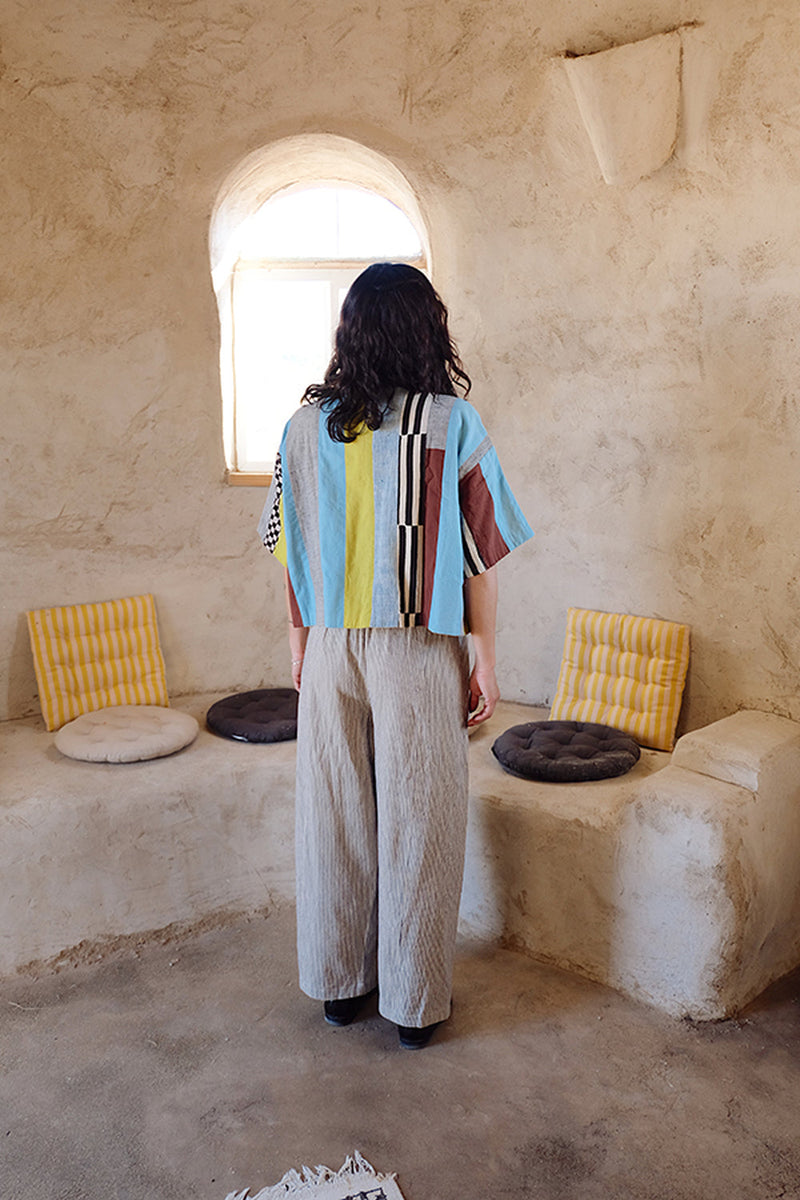 Fillmore Shirt-Light Blue Stripes 100% cotton and hand block printed cotton top/shirt by World of Crow in multi-color for women in Singapore
