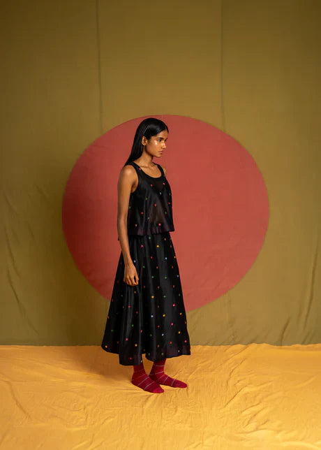 Floaty Skirt-Black and Multicolour chanderi skirt by Ka-Sha in multicolor for women in Singapore