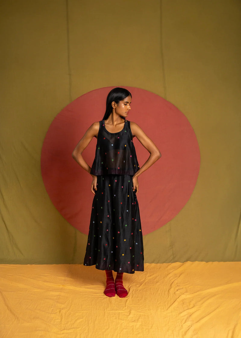 Floaty Skirt-Black and Multicolour chanderi skirt by Ka-Sha in multicolor for women in Singapore