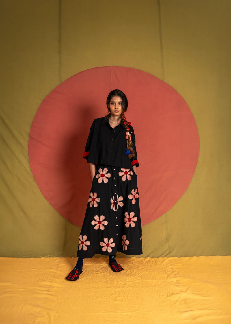 Florist Betty Skirt-Black, White and Red kala cotton skirt by Ka-Sha in black for women in Singapore