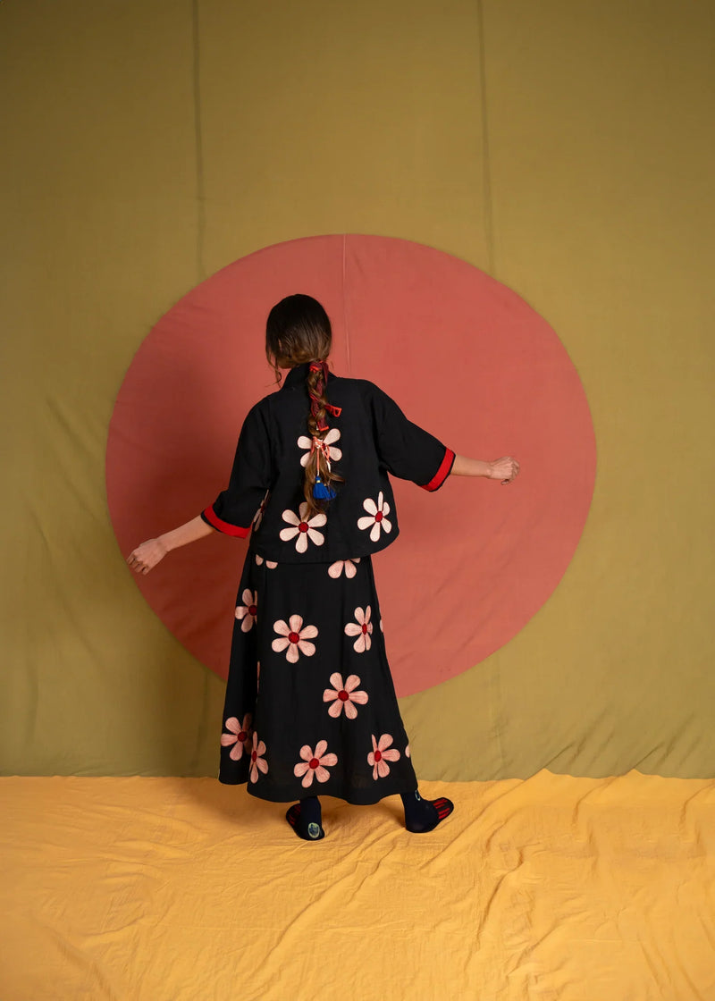 Florist Betty Skirt-Black, White and Red kala cotton skirt by Ka-Sha in black for women in Singapore