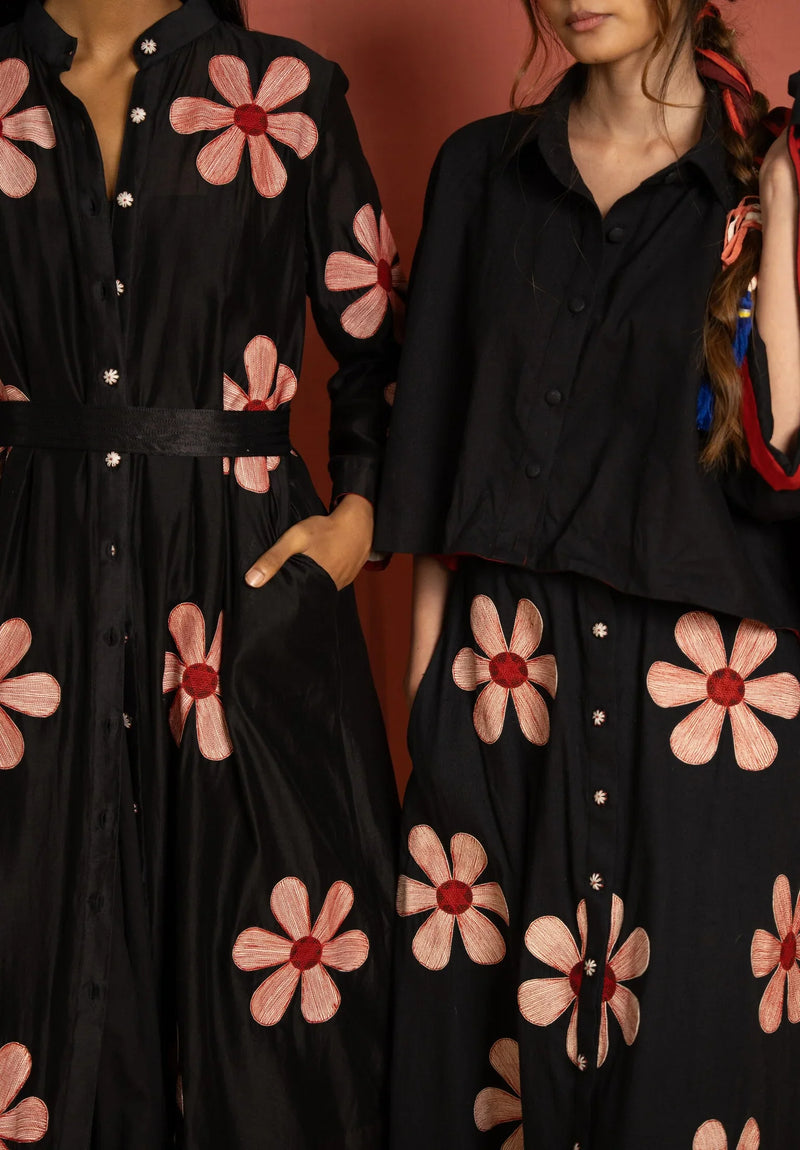 Florist Betty Skirt-Black, White and Red kala cotton skirt by Ka-Sha in black for women in Singapore