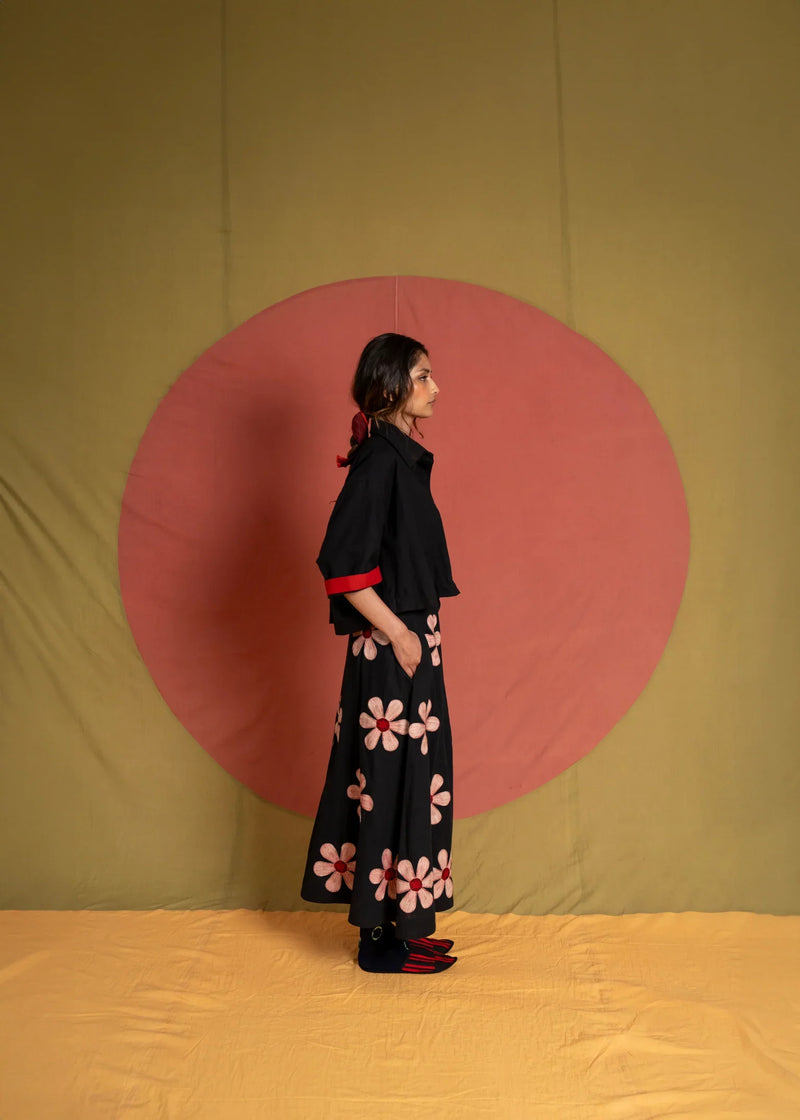 Florist Betty Skirt-Black, White and Red kala cotton skirt by Ka-Sha in black for women in Singapore