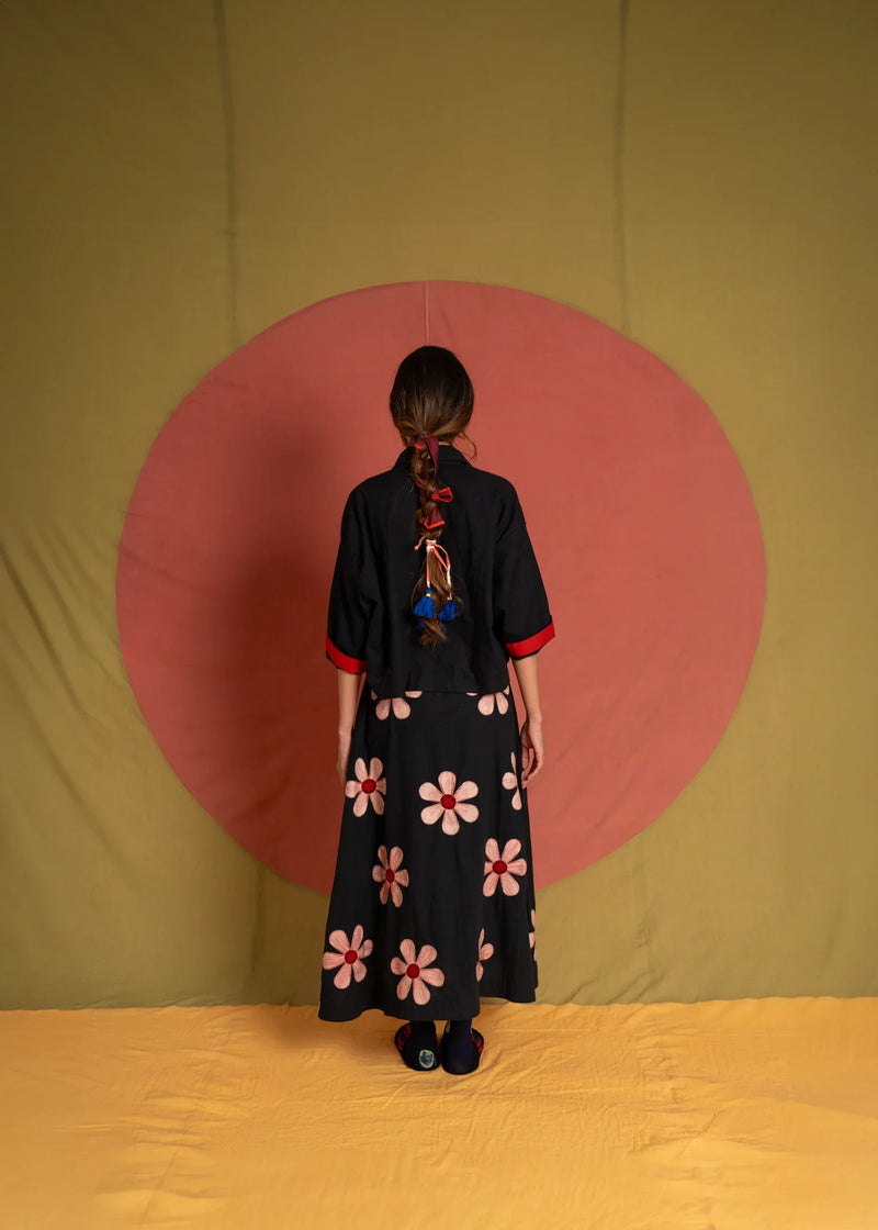Florist Betty Skirt-Black, White and Red kala cotton skirt by Ka-Sha in black for women in Singapore