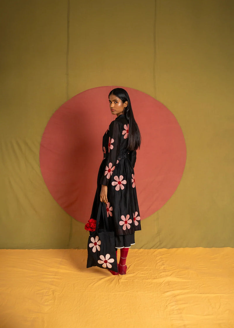 Florist Tunic-Black, White and Red chanderi tunics/kaftan by Ka-Sha in black for women in Singapore