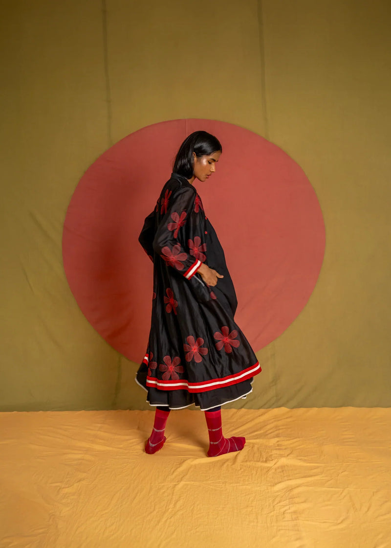Florist Tunic-Black, White and Red chanderi tunics/kaftan by Ka-Sha in black for women in Singapore