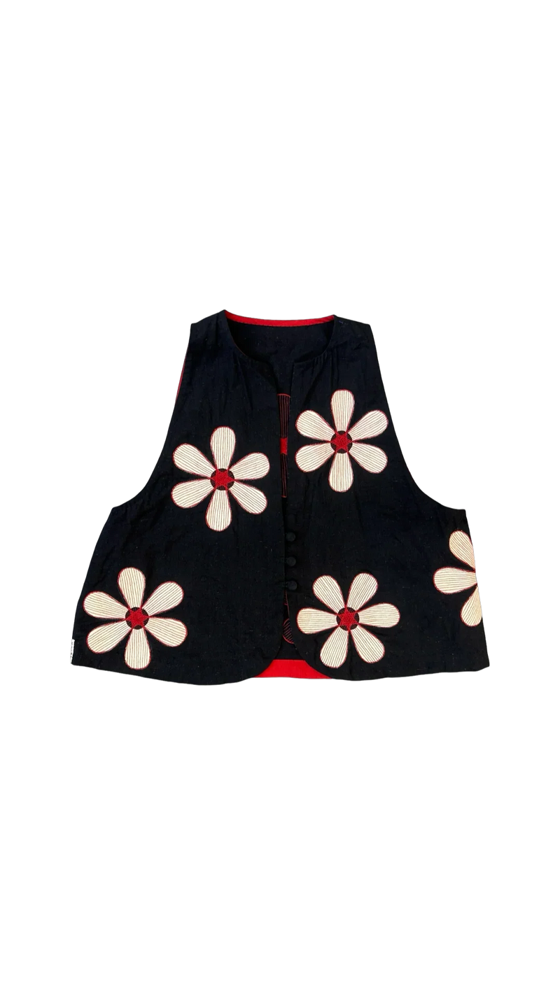 Florist Waistcoat-Black, White and Red kala cotton jacket/overlay by Ka-Sha in black for women in Singapore
