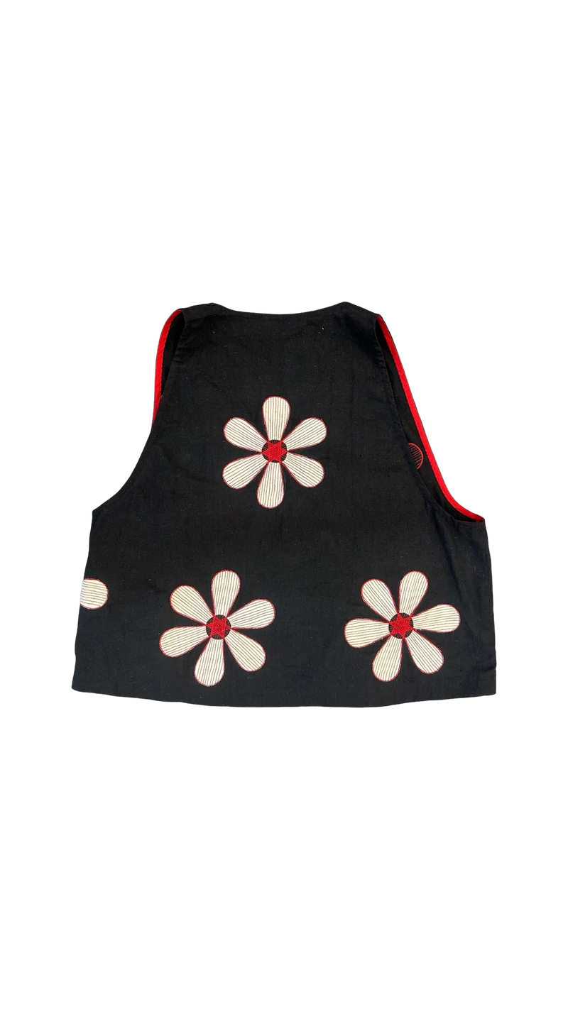 Florist Waistcoat-Black, White and Red kala cotton jacket/overlay by Ka-Sha in black for women in Singapore