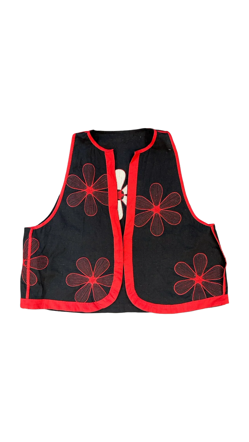 Florist Waistcoat-Black, White and Red kala cotton jacket/overlay by Ka-Sha in black for women in Singapore