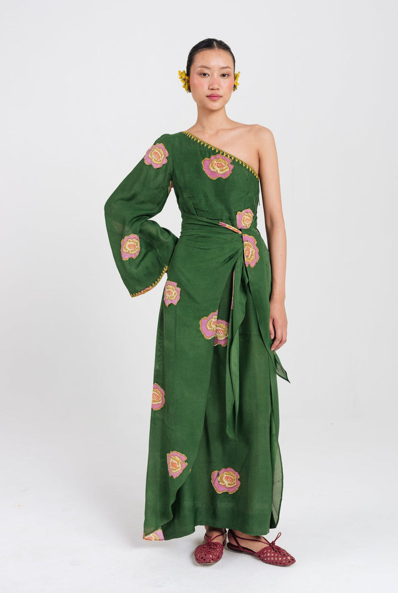 Flow One Shoulder Dress muslin silk dress by JodiLife in green for women in Singapore