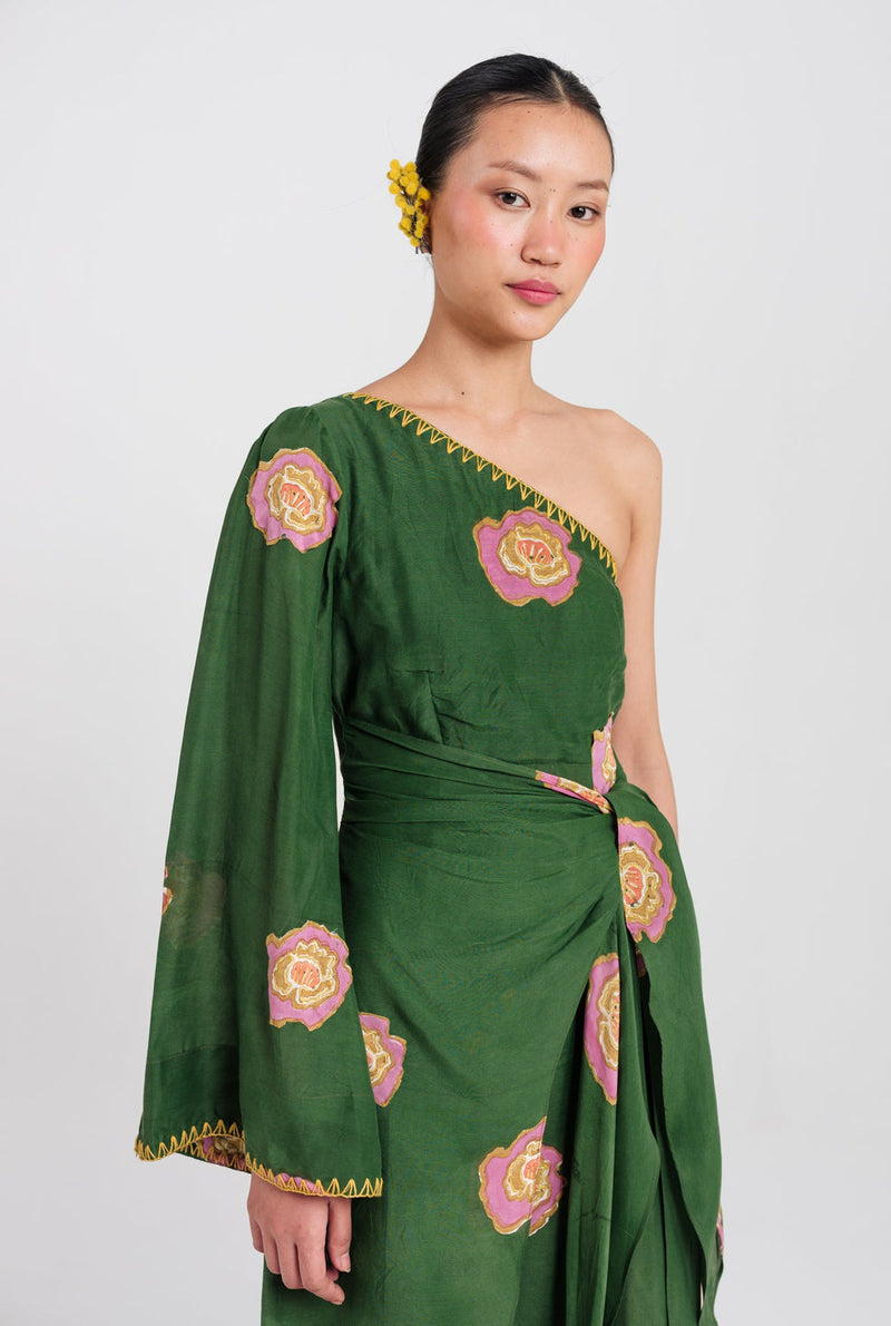 Flow One Shoulder Dress muslin silk dress by JodiLife in green for women in Singapore